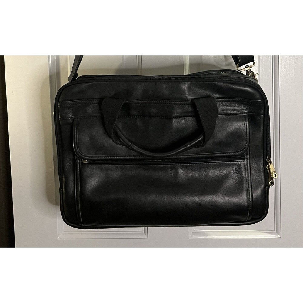 Black Leather Messenger/Laptop Bag With Pockets And Brass Hardware